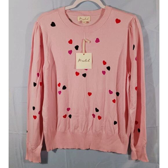 Marled Sweater Womens XL Pink Hearts Long Sleeve Knit Pullover Rayon Blend NWT - Picture 1 of 11